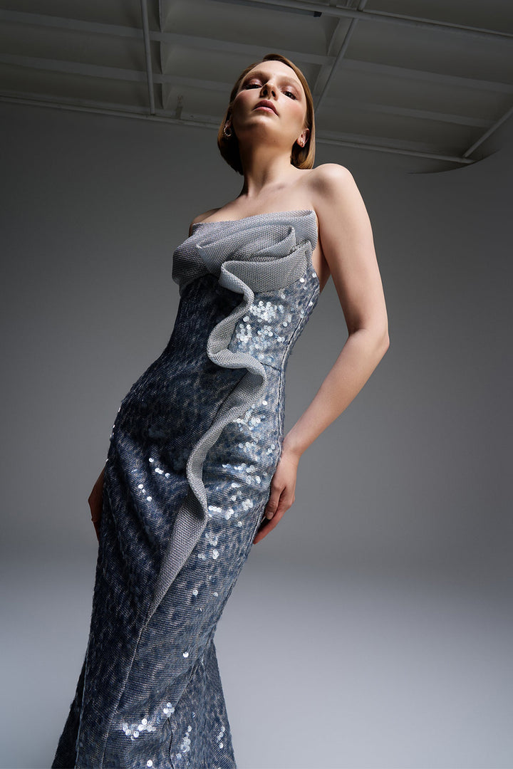 Off-The-Shoulder Sequin Column Dress