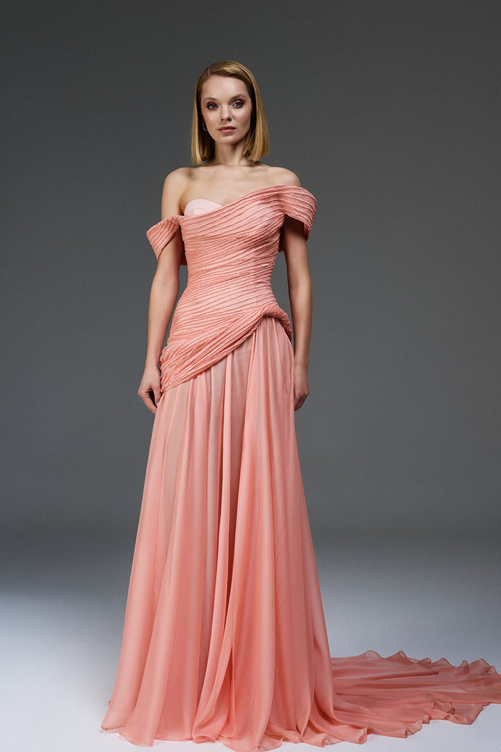 Satin Bodice Dress with Off-The-Shoulder Draped Neckline