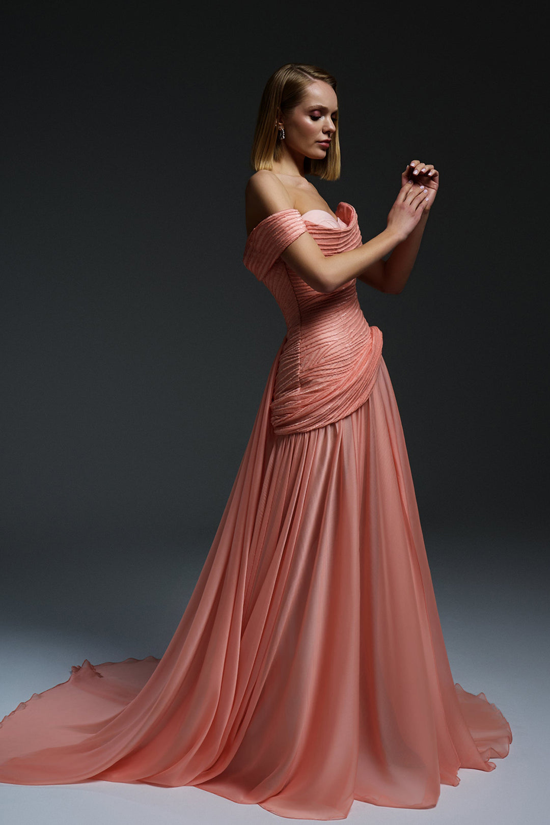 Satin Bodice Dress with Off-The-Shoulder Draped Neckline