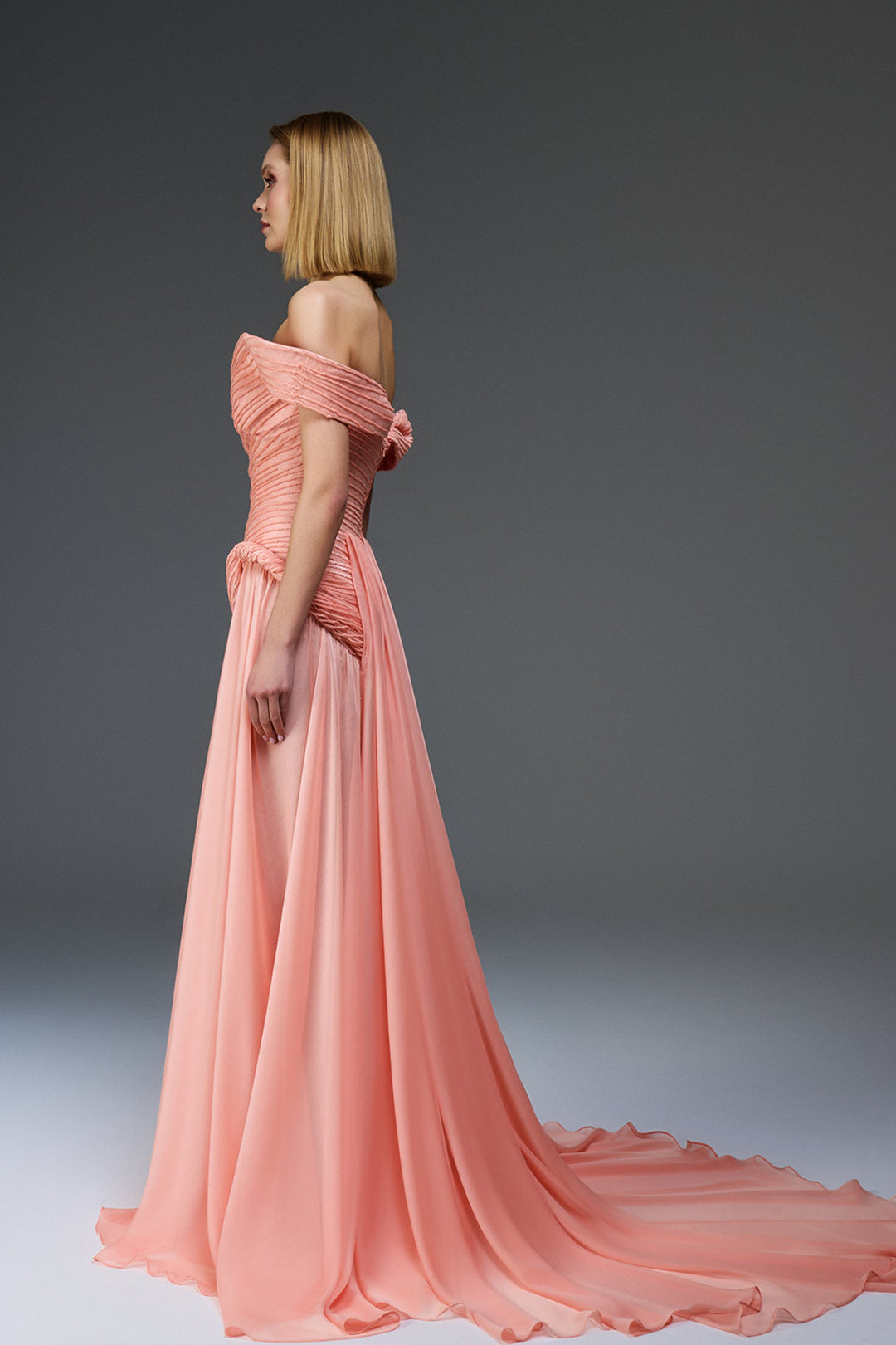 Satin Bodice Dress with Off-The-Shoulder Draped Neckline