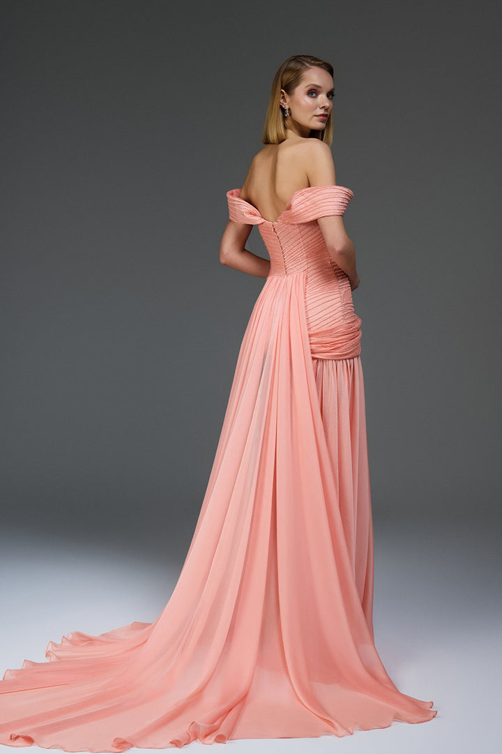 Satin Bodice Dress with Off-The-Shoulder Draped Neckline