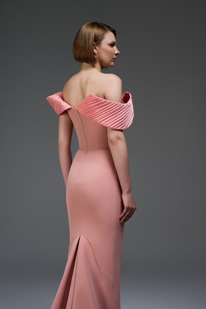 Satin Floor-Length Dress with Off-The-Shoulder Draped Neckline