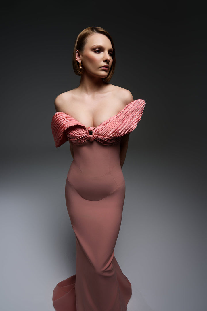 Satin Floor-Length Dress with Off-The-Shoulder Draped Neckline