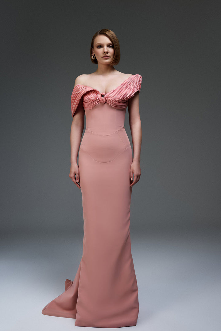 Satin Floor-Length Dress with Off-The-Shoulder Draped Neckline