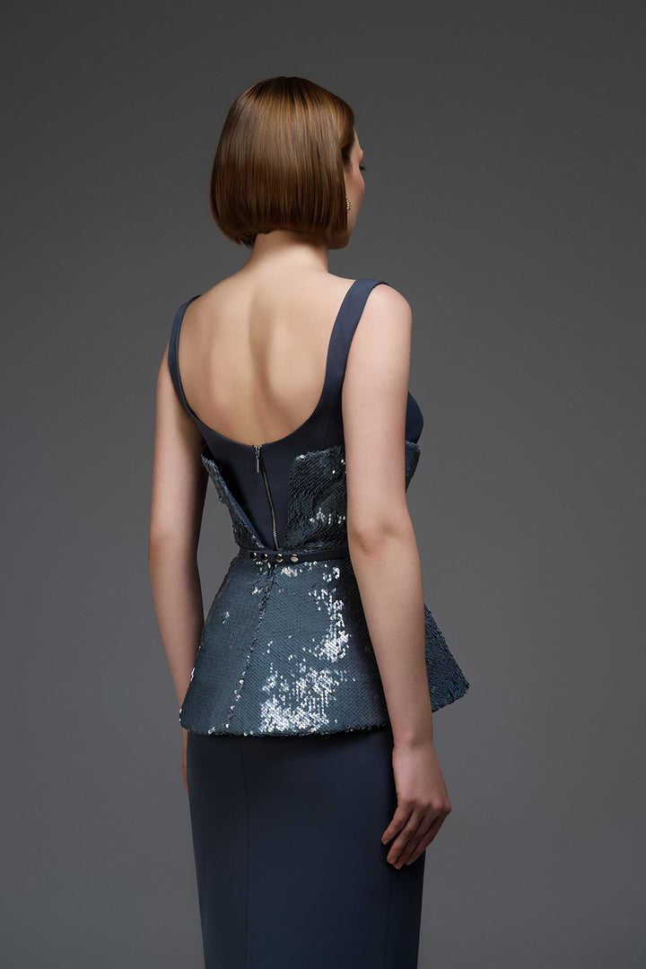Sequin Bodice Dress with Satin Column Skirt