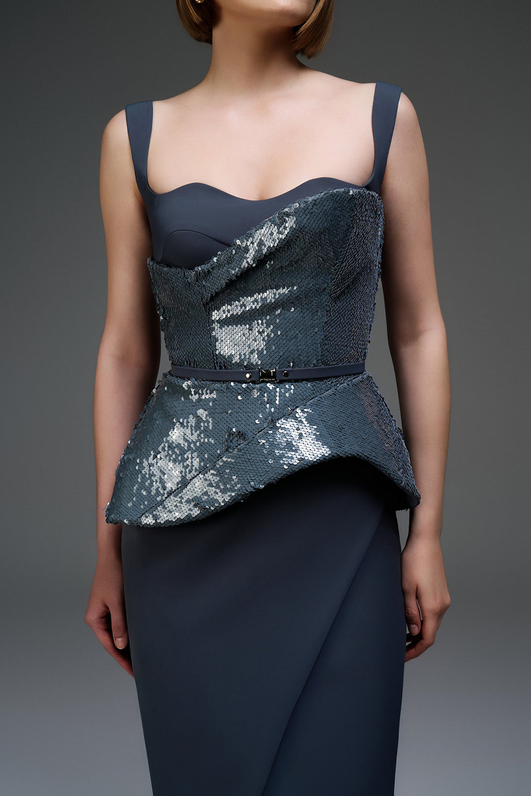 Sequin Bodice Dress with Satin Column Skirt