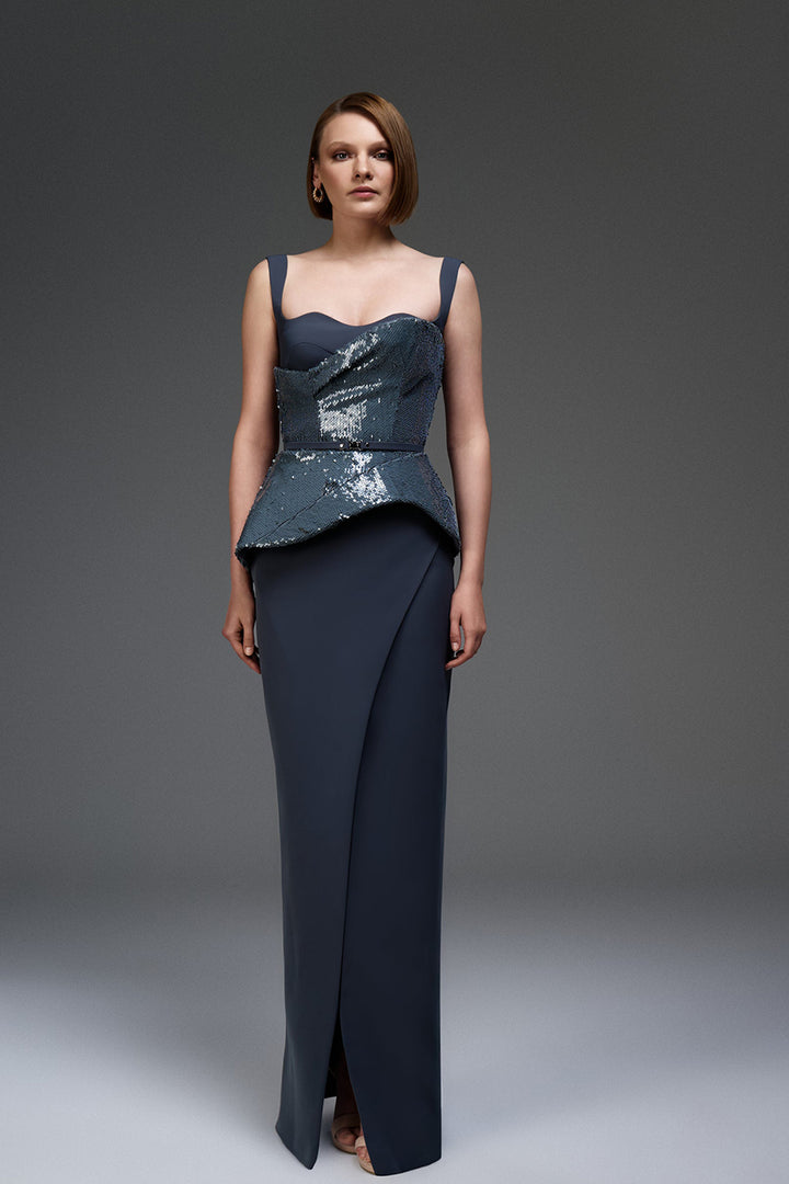 Sequin Bodice Dress with Satin Column Skirt