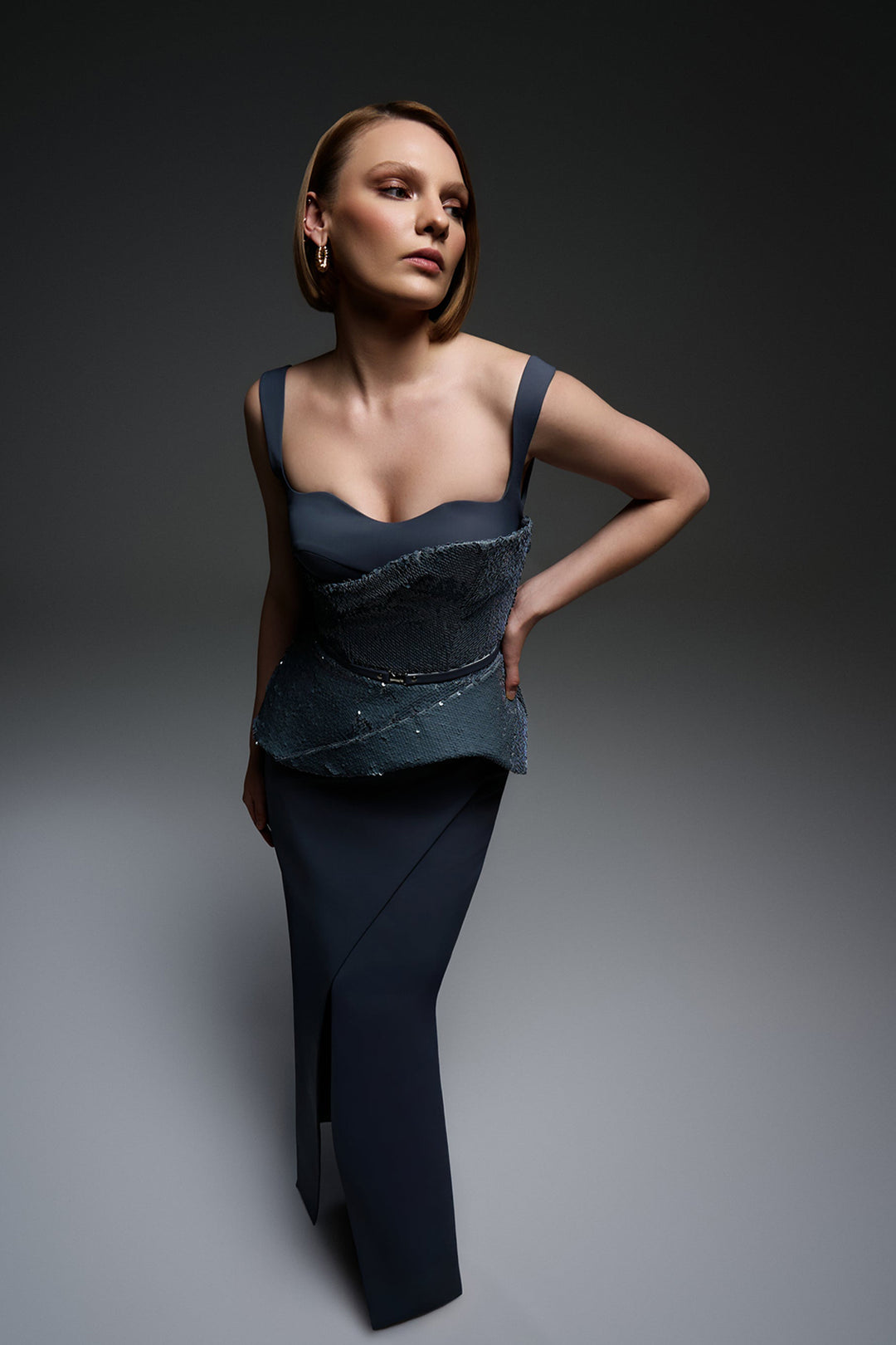 Sequin Bodice Dress with Satin Column Skirt