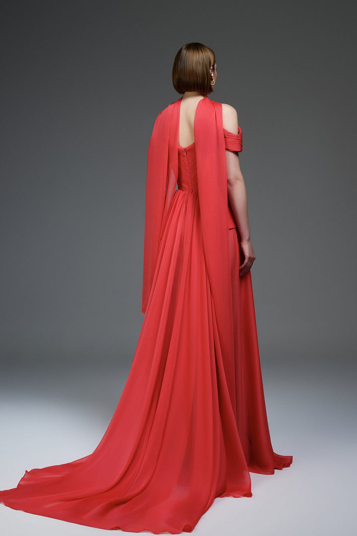 Off-The-Shoulder Draped Dress with Sculptural Waist