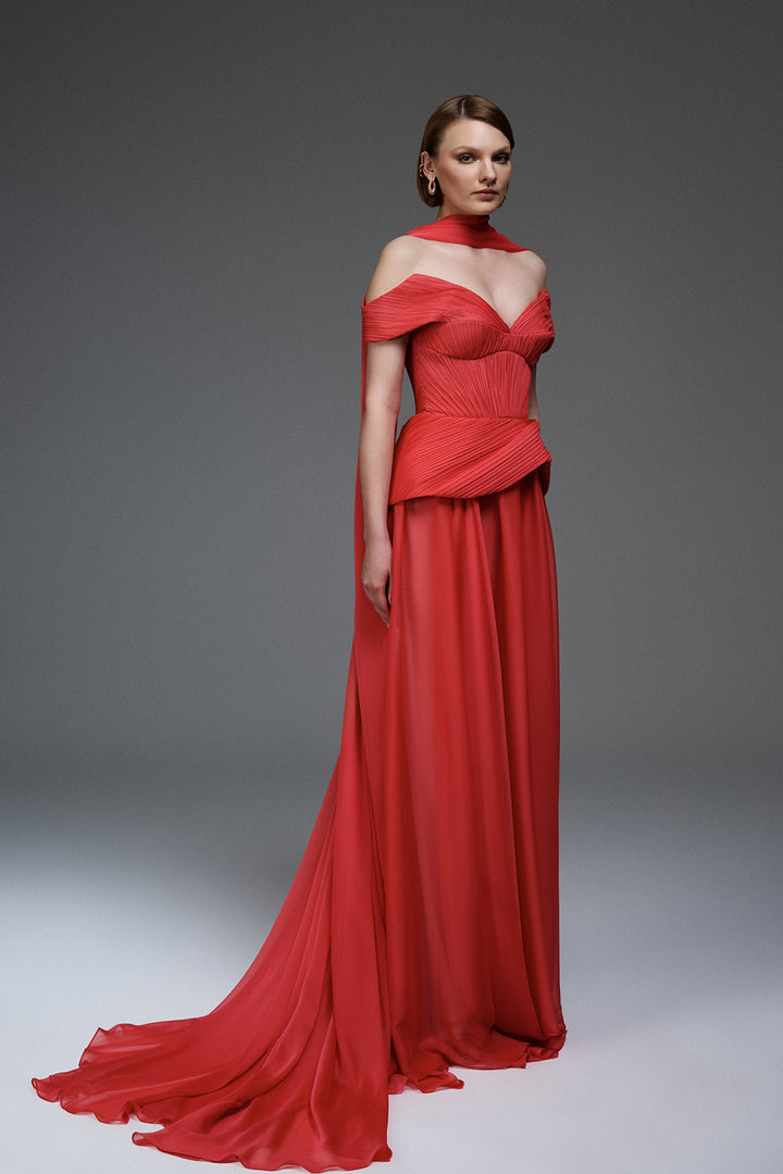 Off-The-Shoulder Draped Dress with Sculptural Waist