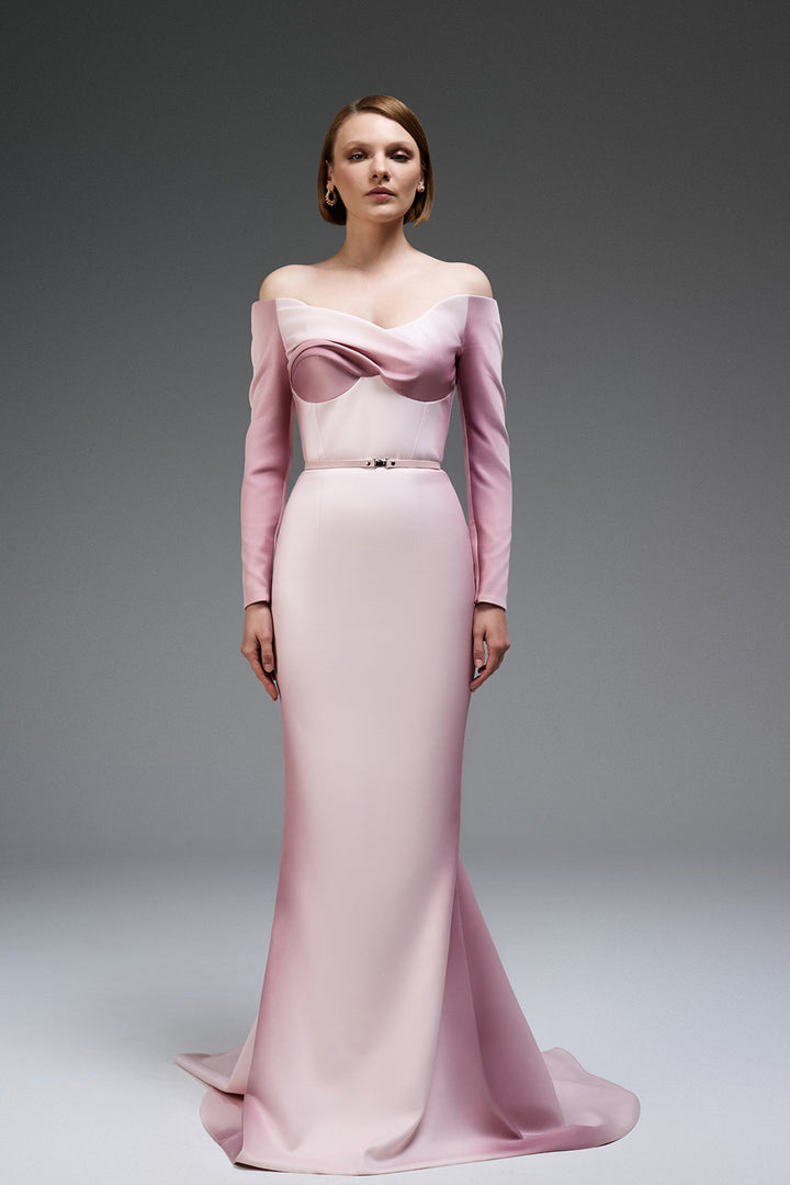 Off-The-Shoulder Mermaid Dress with Draped Waist Belt