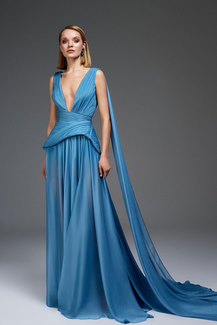 A-Line Floor-Length Dress with Pleated Bodice