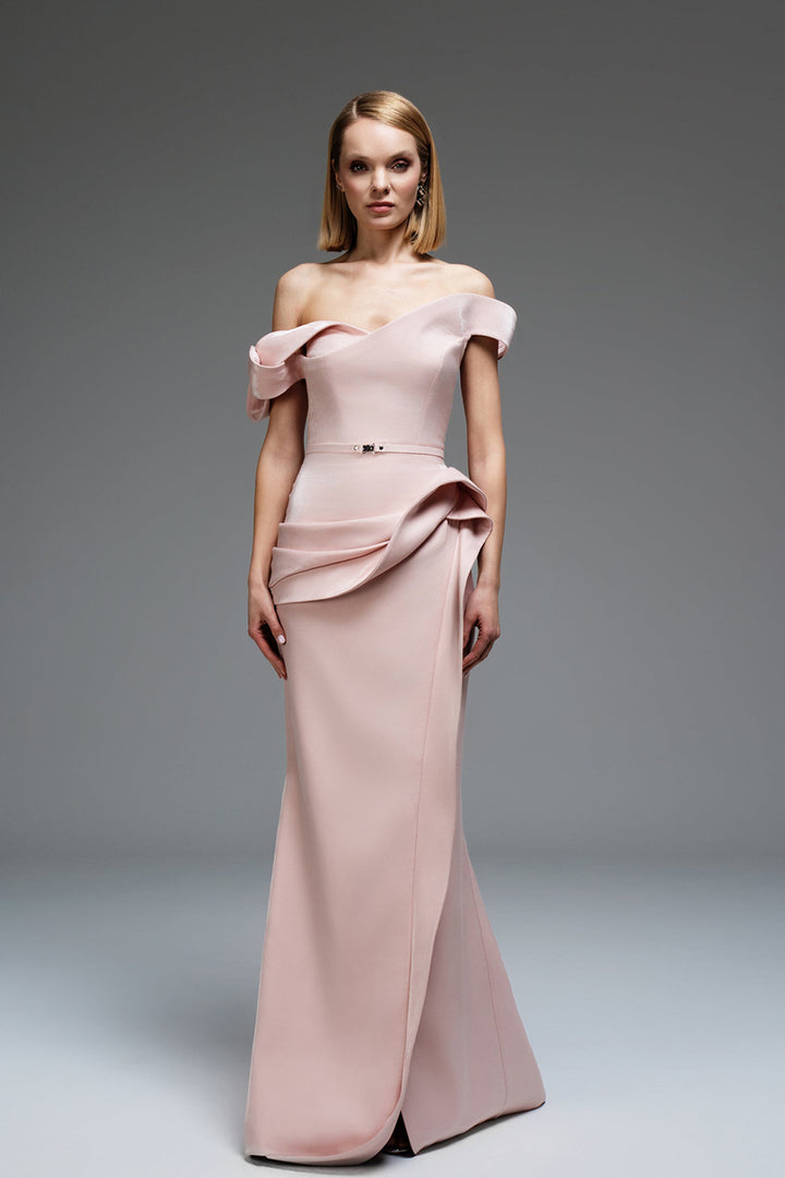 A-Line Satin Dress With Off-The-Shoulder Ruffles