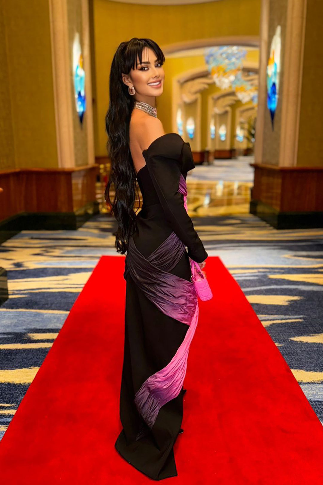 Crepe Dress with Draped Sleeves and Slit