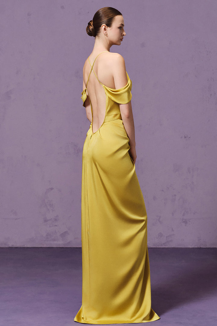 3D Floral with Cowl-Neck and Off-The-Shoulder Satin Dress