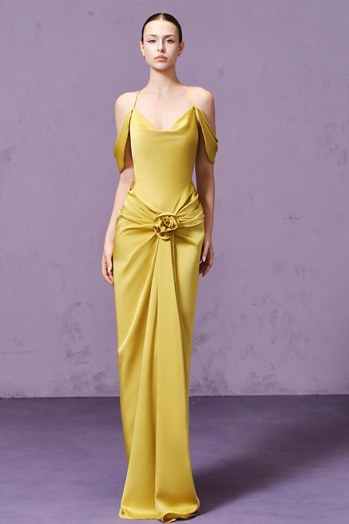 3D Floral with Cowl-Neck and Off-The-Shoulder Satin Dress