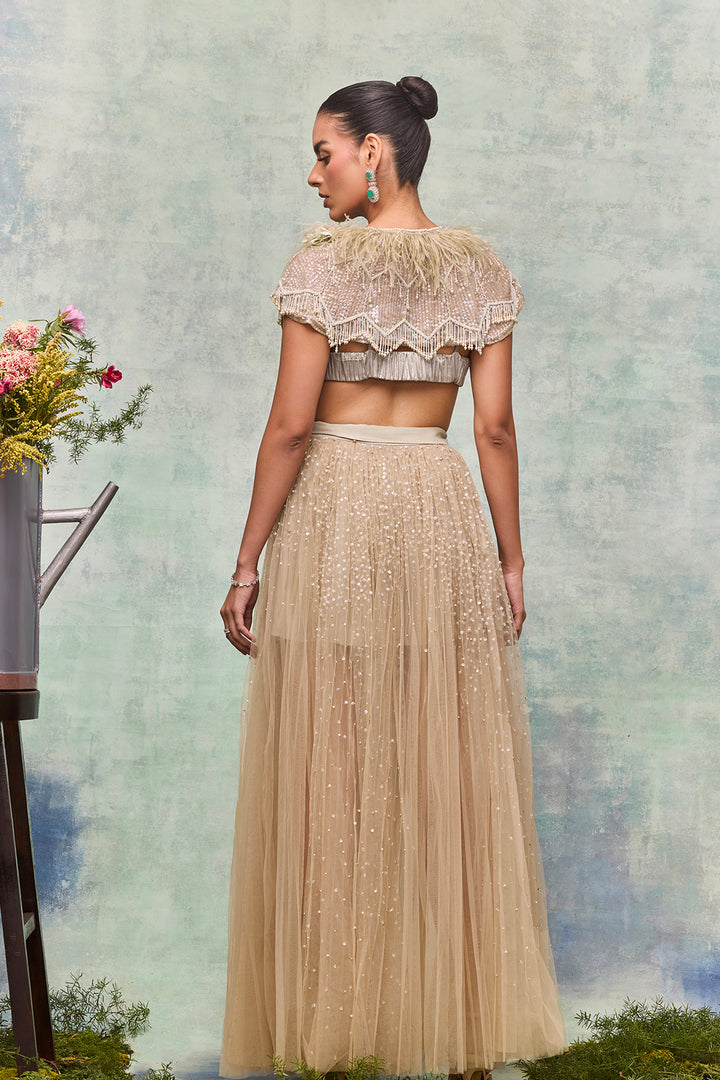 Satin Belted Cape Floor-Length Dress