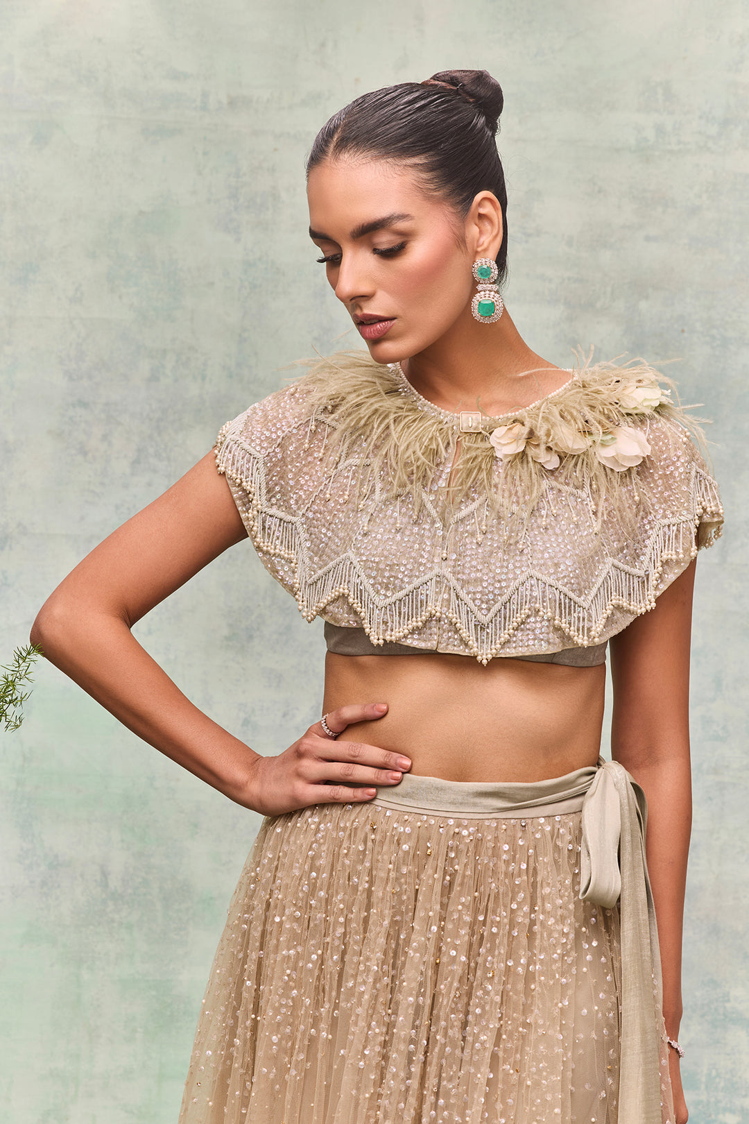 Satin Belted Cape Floor-Length Dress