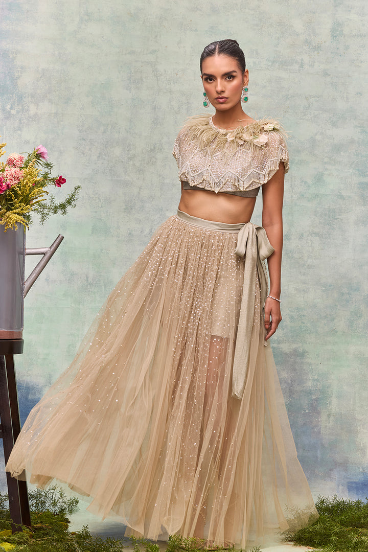 Satin Belted Cape Floor-Length Dress