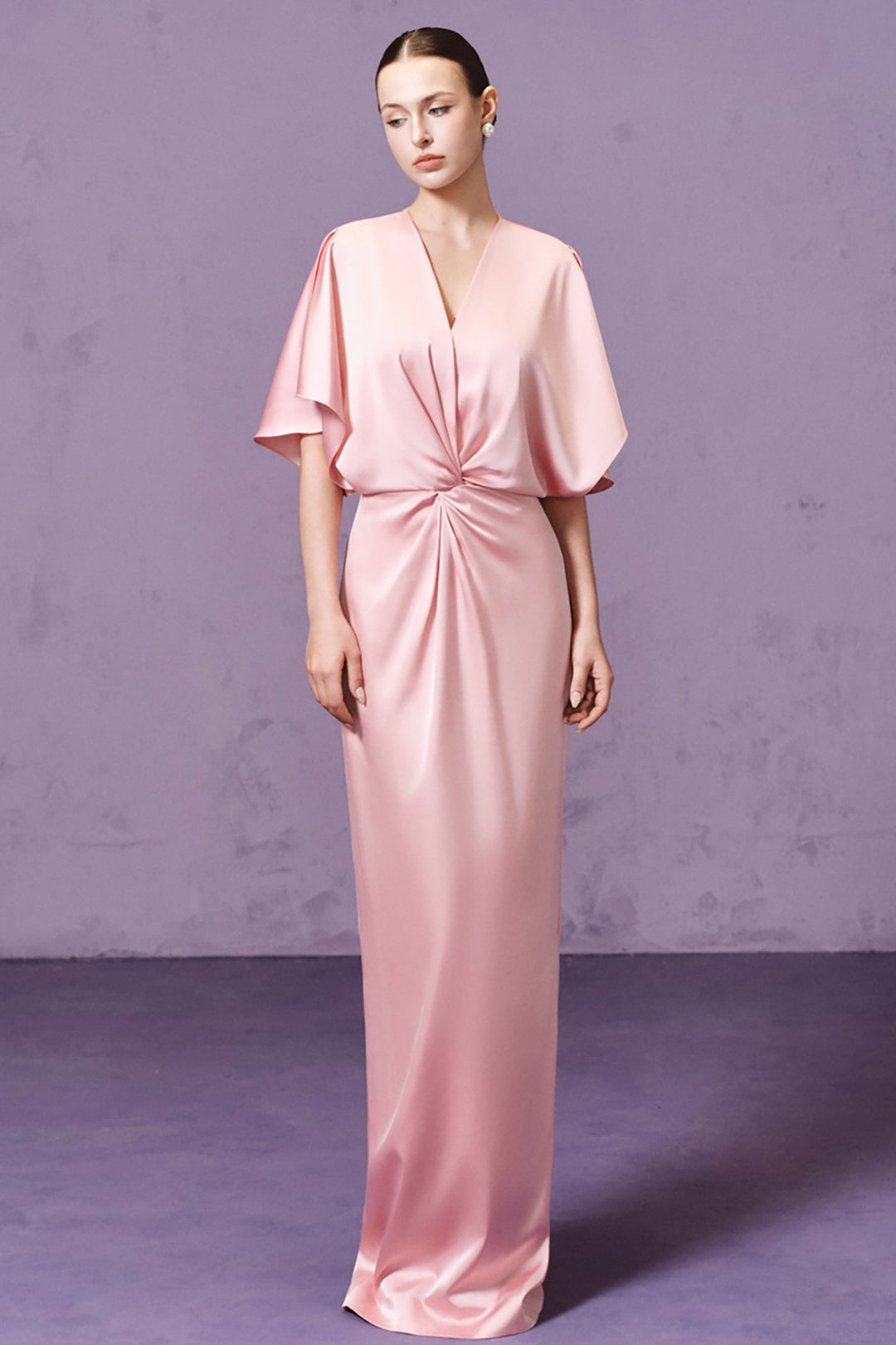 Batwing Short Sleeve Draped Long Dress