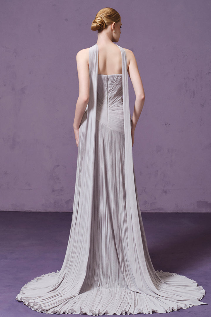 Strapless Scarf-Detailed Pleated Dress