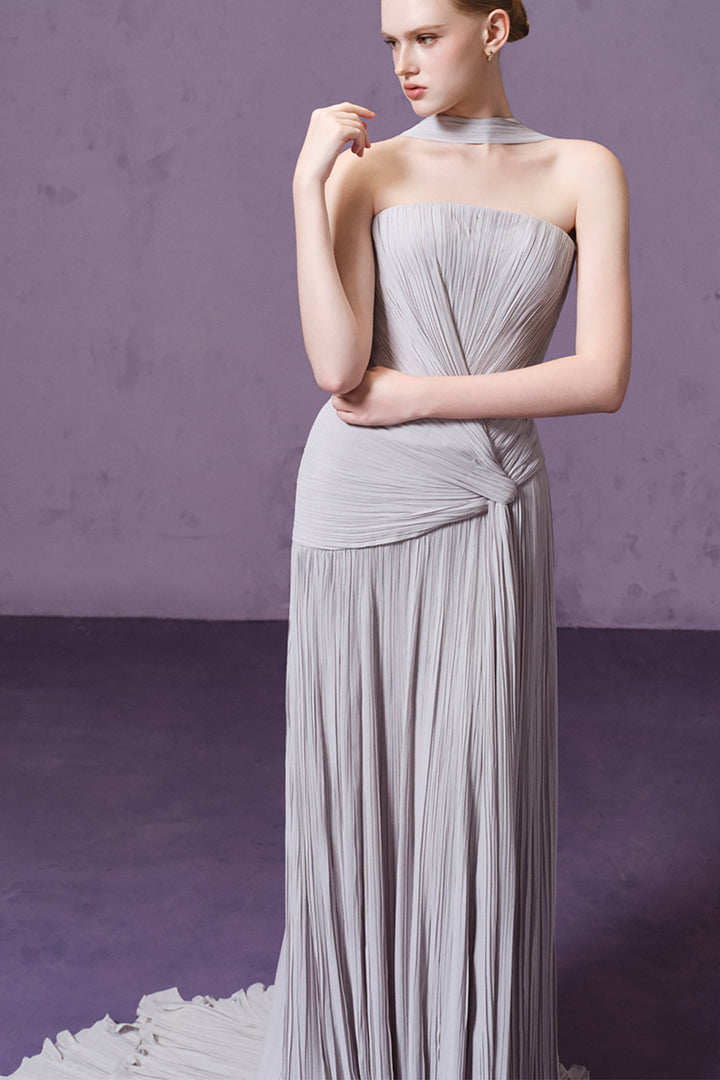 Strapless Scarf-Detailed Pleated Dress