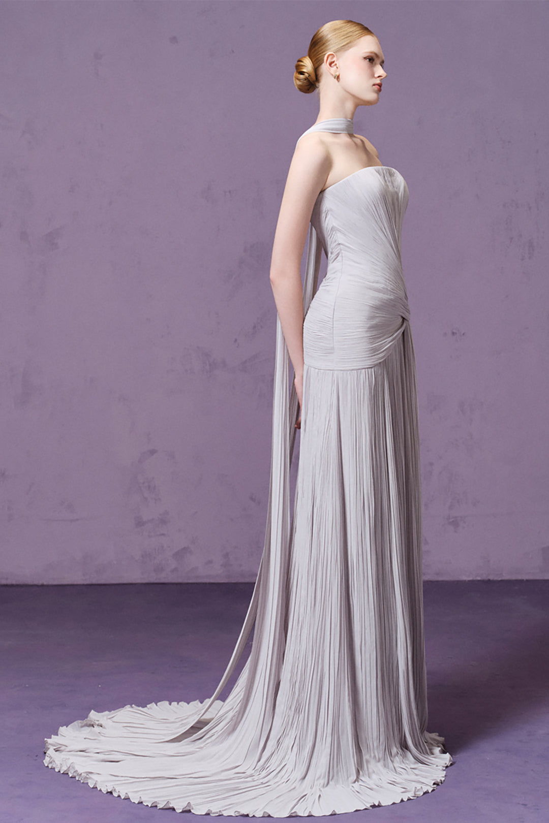 Strapless Scarf-Detailed Pleated Dress