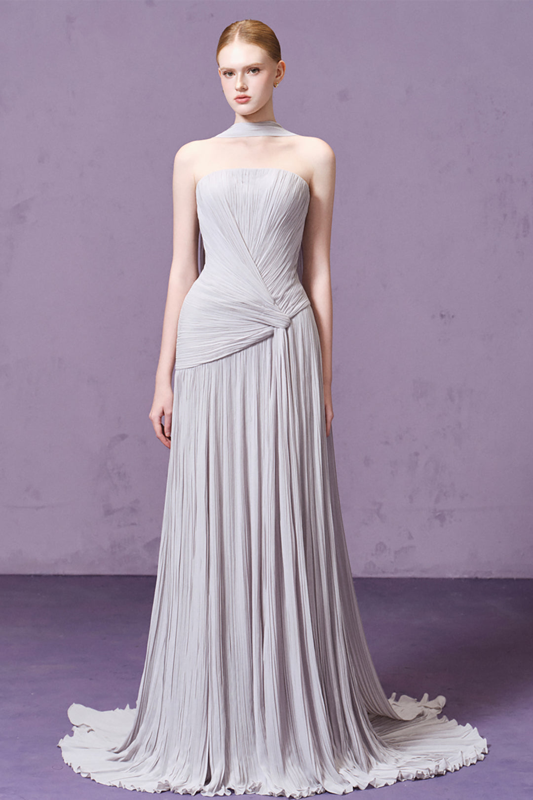 Strapless Scarf-Detailed Pleated Dress