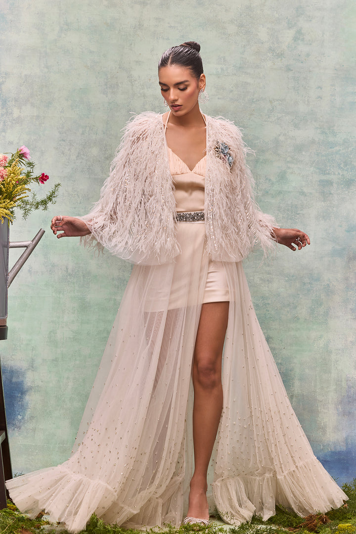 Tulle Ensemble Feathers Embroidery