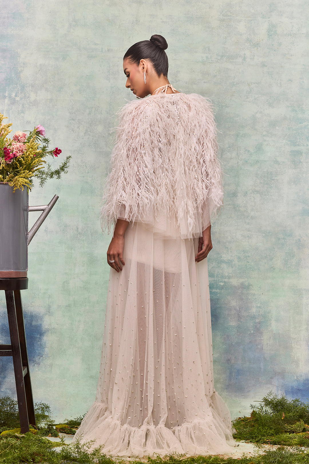 Tulle Ensemble Feathers Embroidery