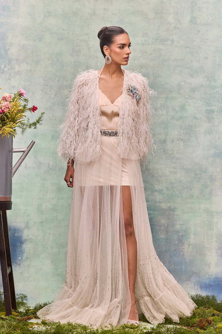 Tulle Ensemble Feathers Embroidery