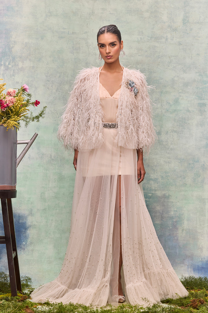 Tulle Ensemble Feathers Embroidery
