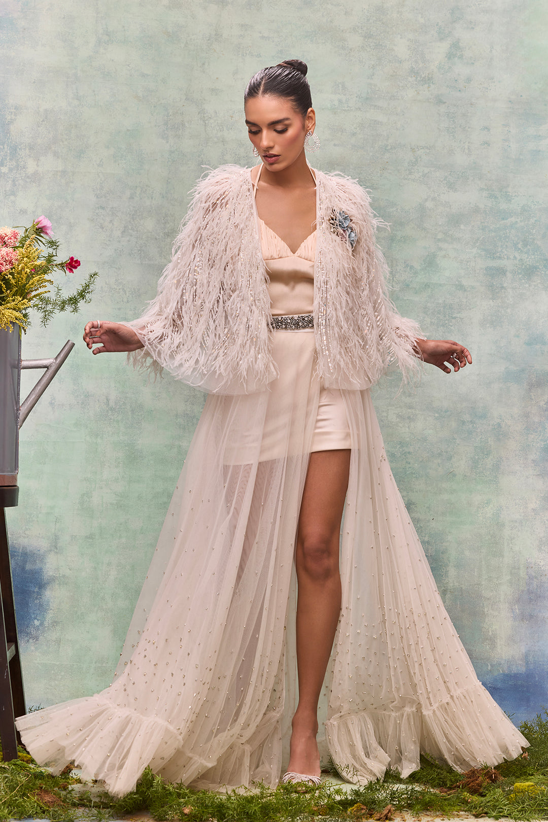 Tulle Ensemble Feathers Embroidery