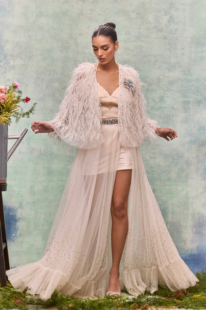 Tulle Ensemble Feathers Embroidery