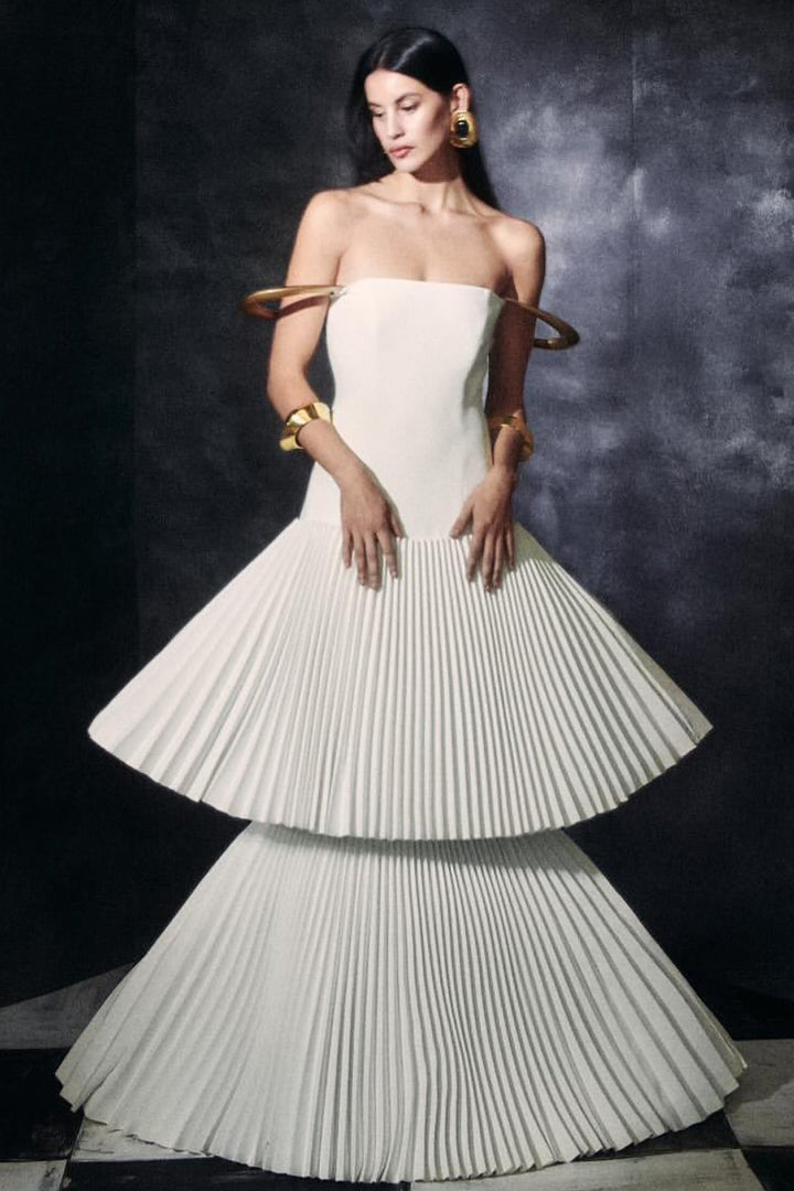 Accordion Pleat Dress with Metal Strap Details