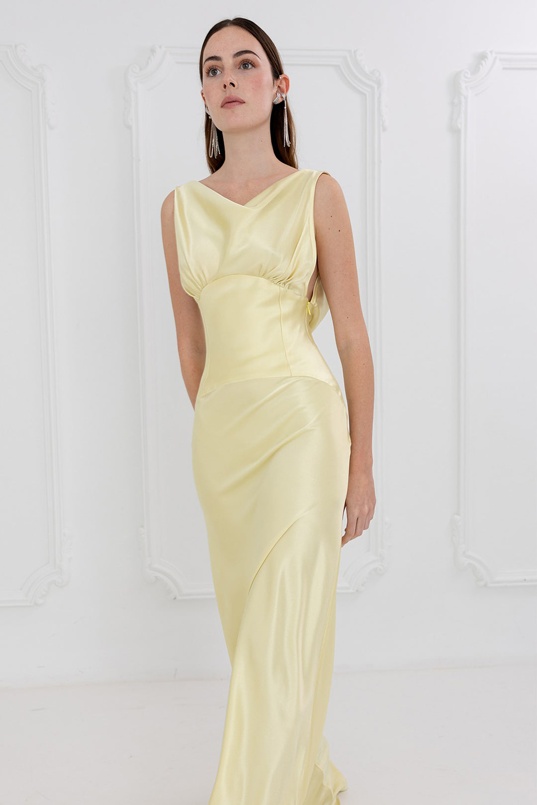 boat neck satin dress Women's Black Satin Boat Neck Chiffon Detail Maxi Dress