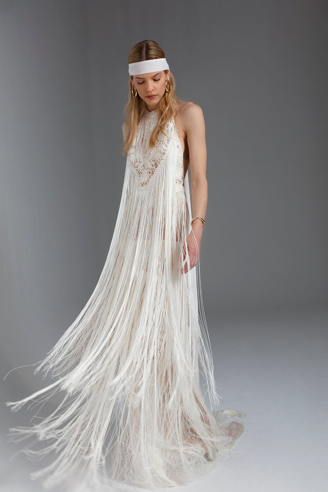 Wedding Dress with Halter Neckline, Lace, Macram, and Fringes M.R DESIGN Wedding Dress with Halter Neckline, Lace, Macram, and Fringes M.R DESIGN