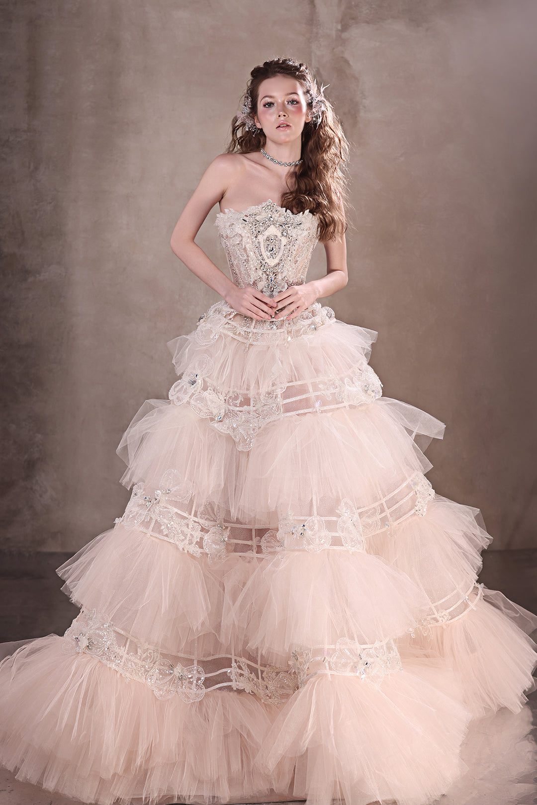 A-Line Dress with Beaded Corset and Tutu Blush / FR 44 A-Line Dress with Beaded Corset and Tutu Blush / FR 44