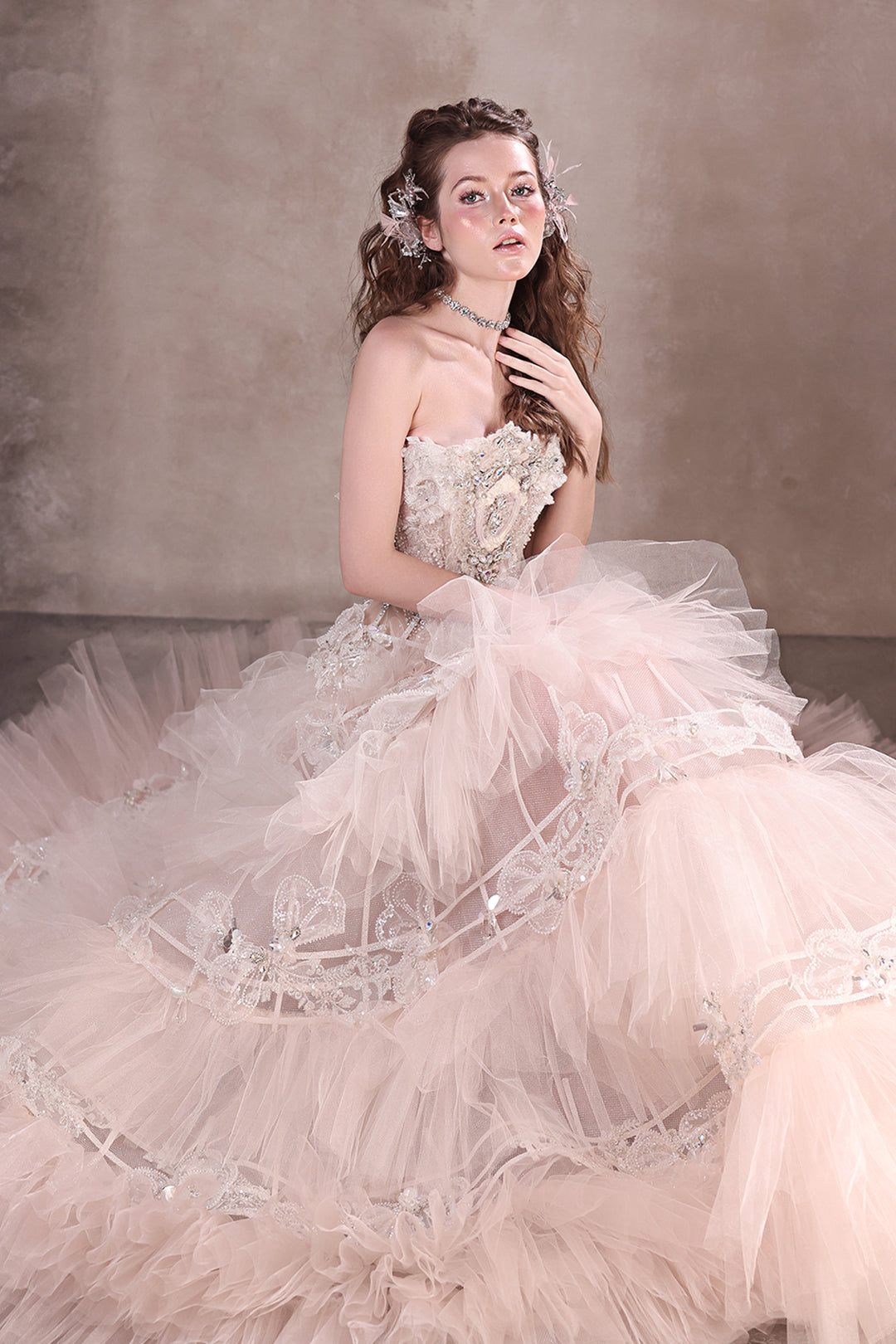 A-line Dress with Beaded Corset and Tutu Blush / FR 44