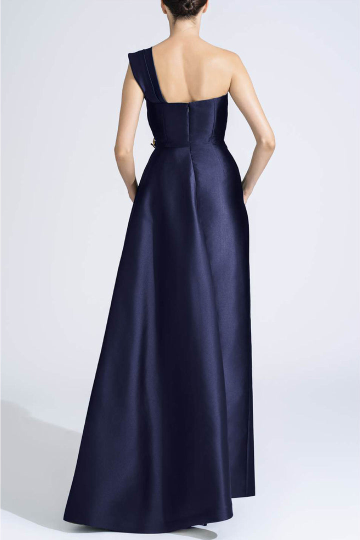 One-Shoulder Navy Dress with Train