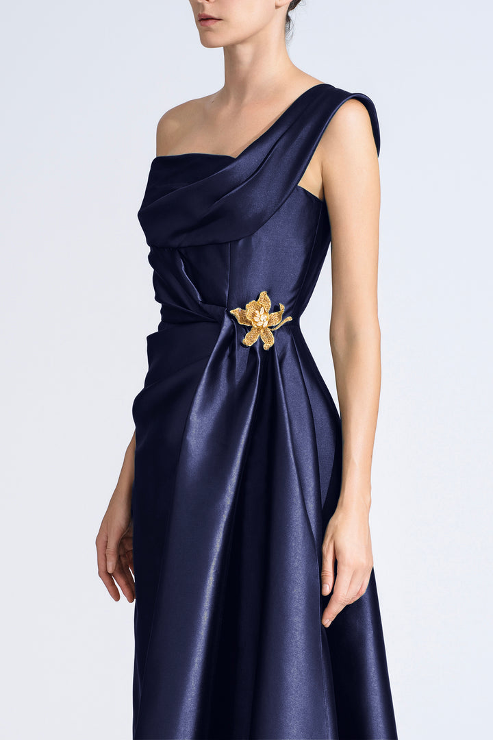 One-Shoulder Navy Dress with Train