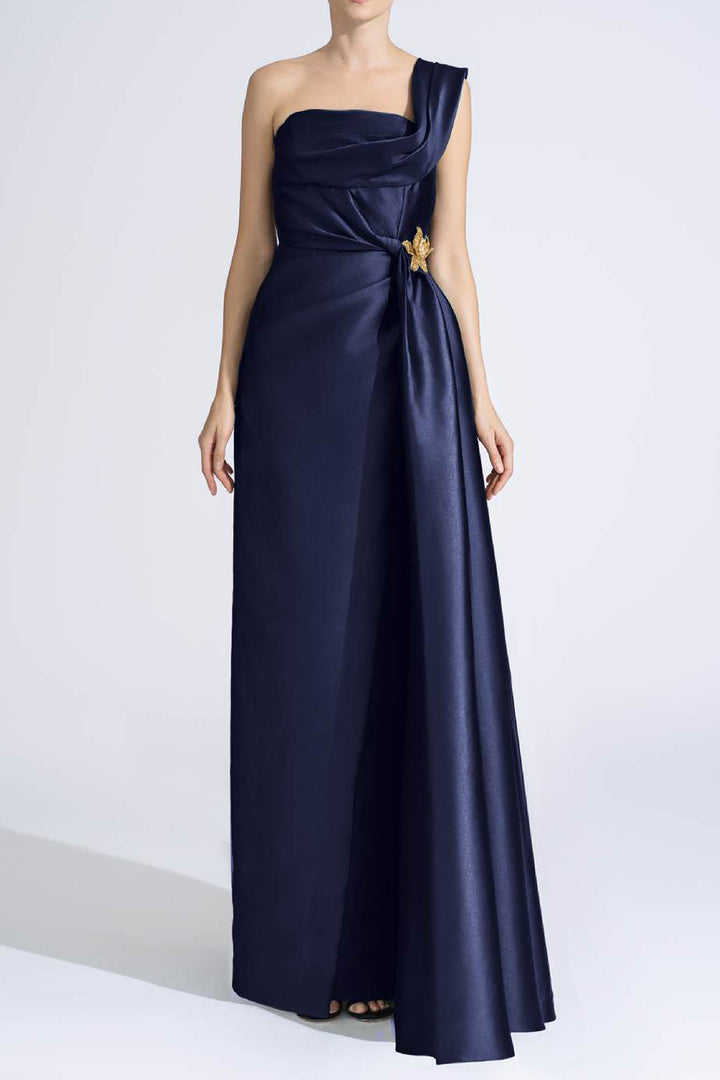 One-Shoulder Navy Dress with Train