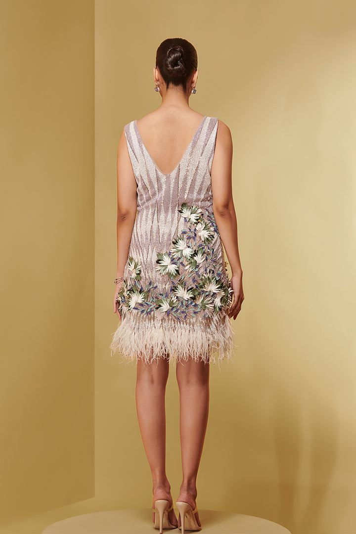 Double-Layer Mesh Mini Dress with Leaf