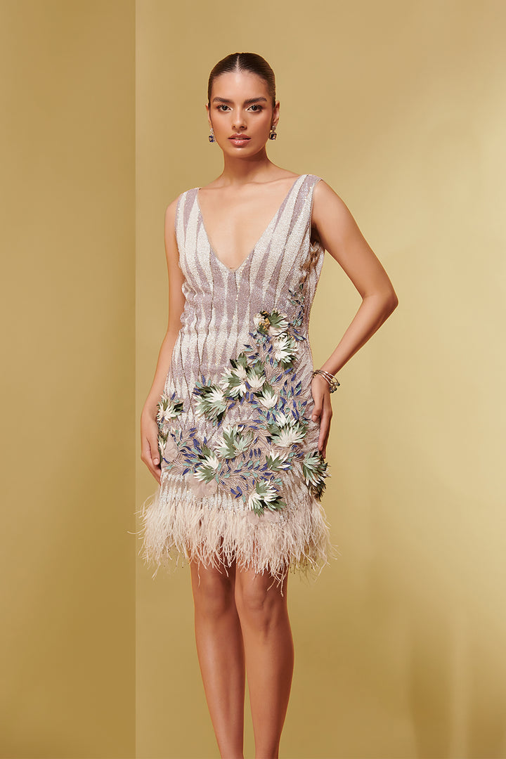 Double-Layer Mesh Mini Dress with Leaf