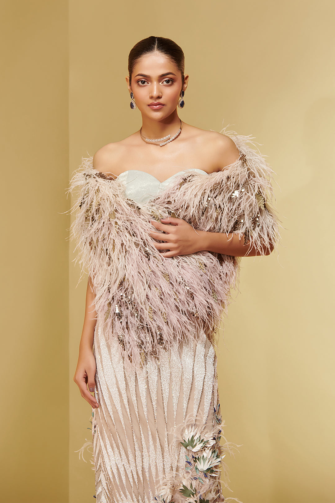 Jacquard and Mesh Three-Piece with Feathers