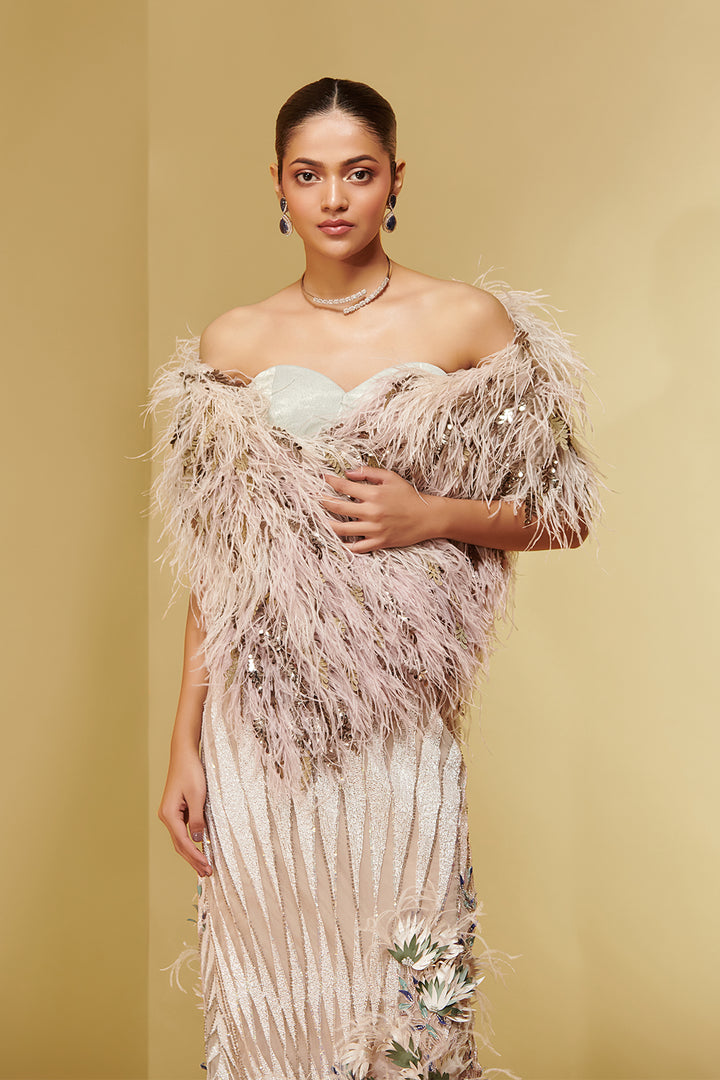 Jacquard and Mesh Three-Piece with Feathers