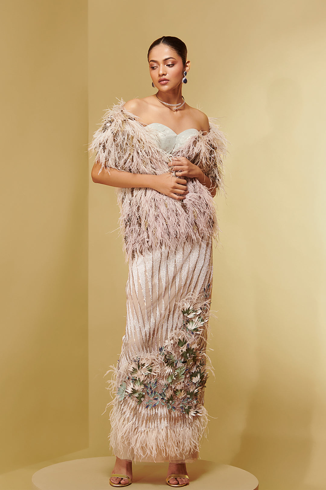 Jacquard and Mesh Three-Piece with Feathers