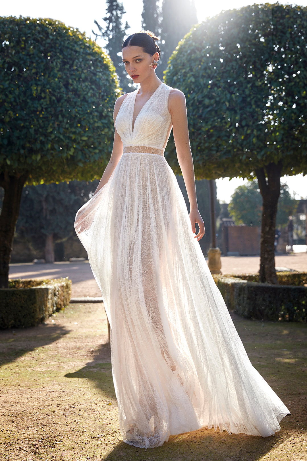 Pleated Lace Dress with Rhinestone Appliques White / FR 48 Pleated Lace Dress with Rhinestone Appliques White / FR 48