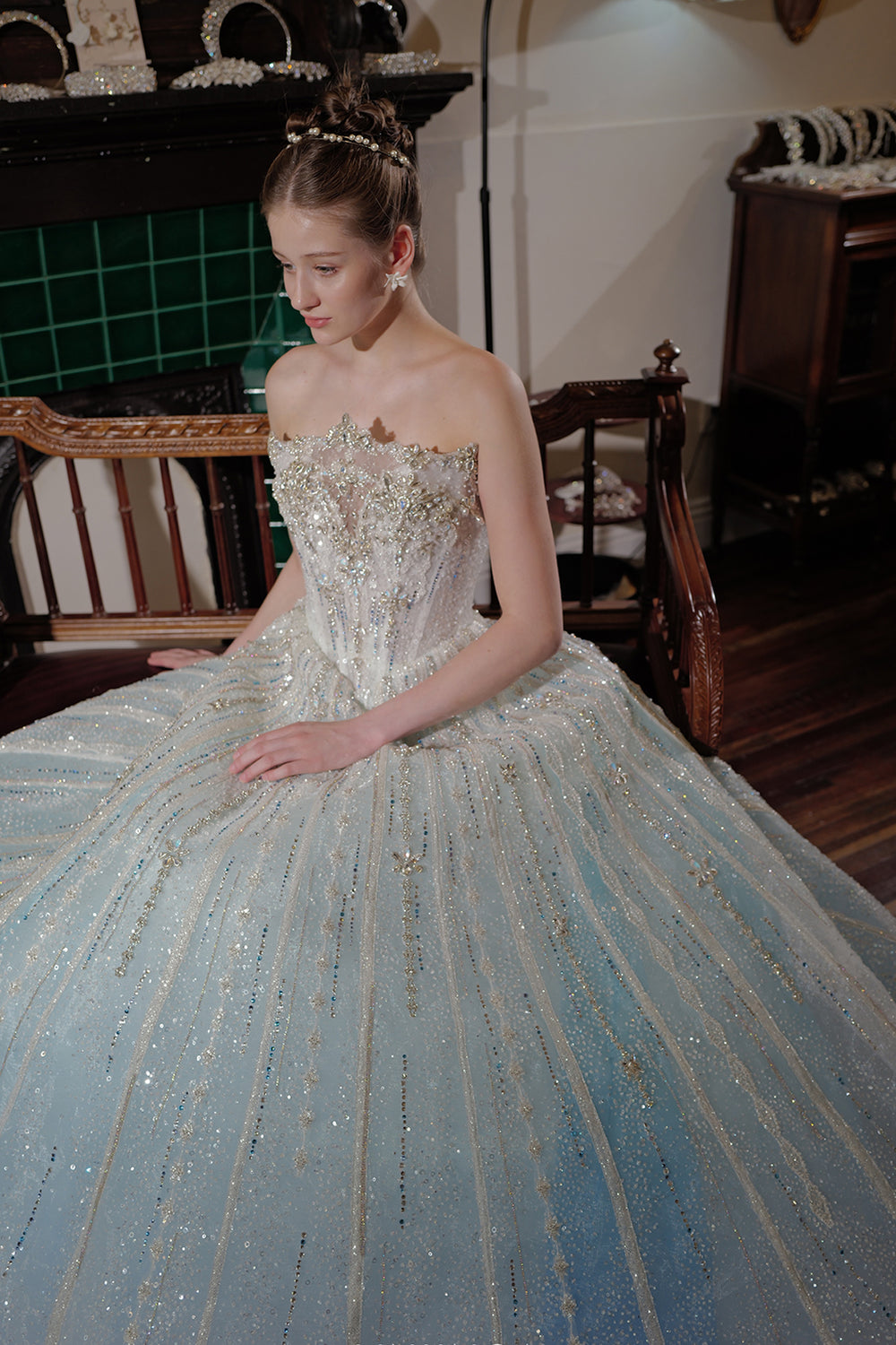 Royal Crystal A-Line Dress with Corseted Bodice Light Blue / FR 38