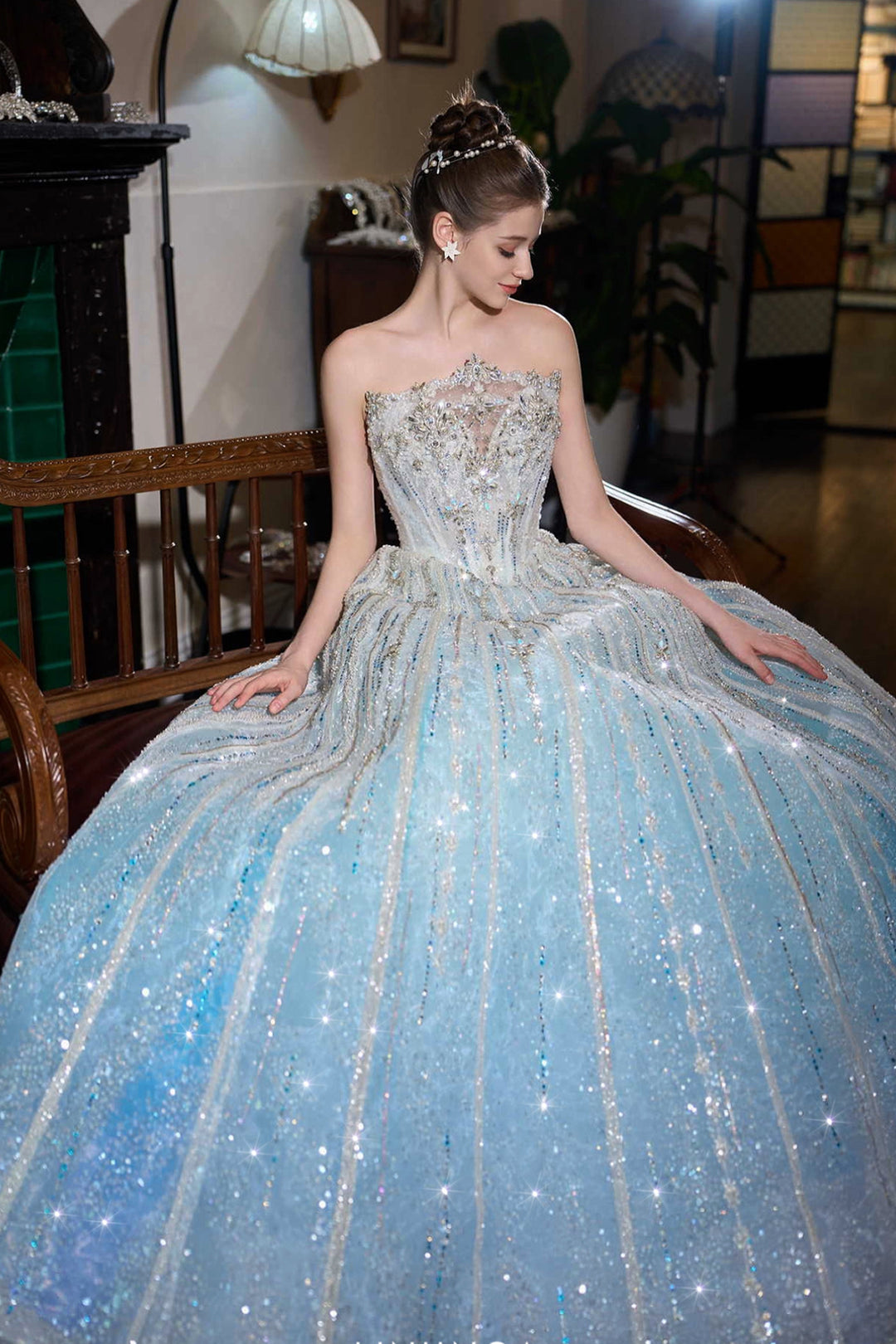 Royal Crystal A-Line Dress with Corseted Bodice Light Blue / FR 38 Royal Crystal A-Line Dress with Corseted Bodice Light Blue / FR 38